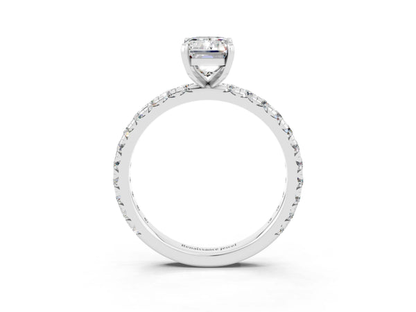 White gold Emerald Cut Moissanite Pavé Solitaire Ring with Round Band and Prong Setting