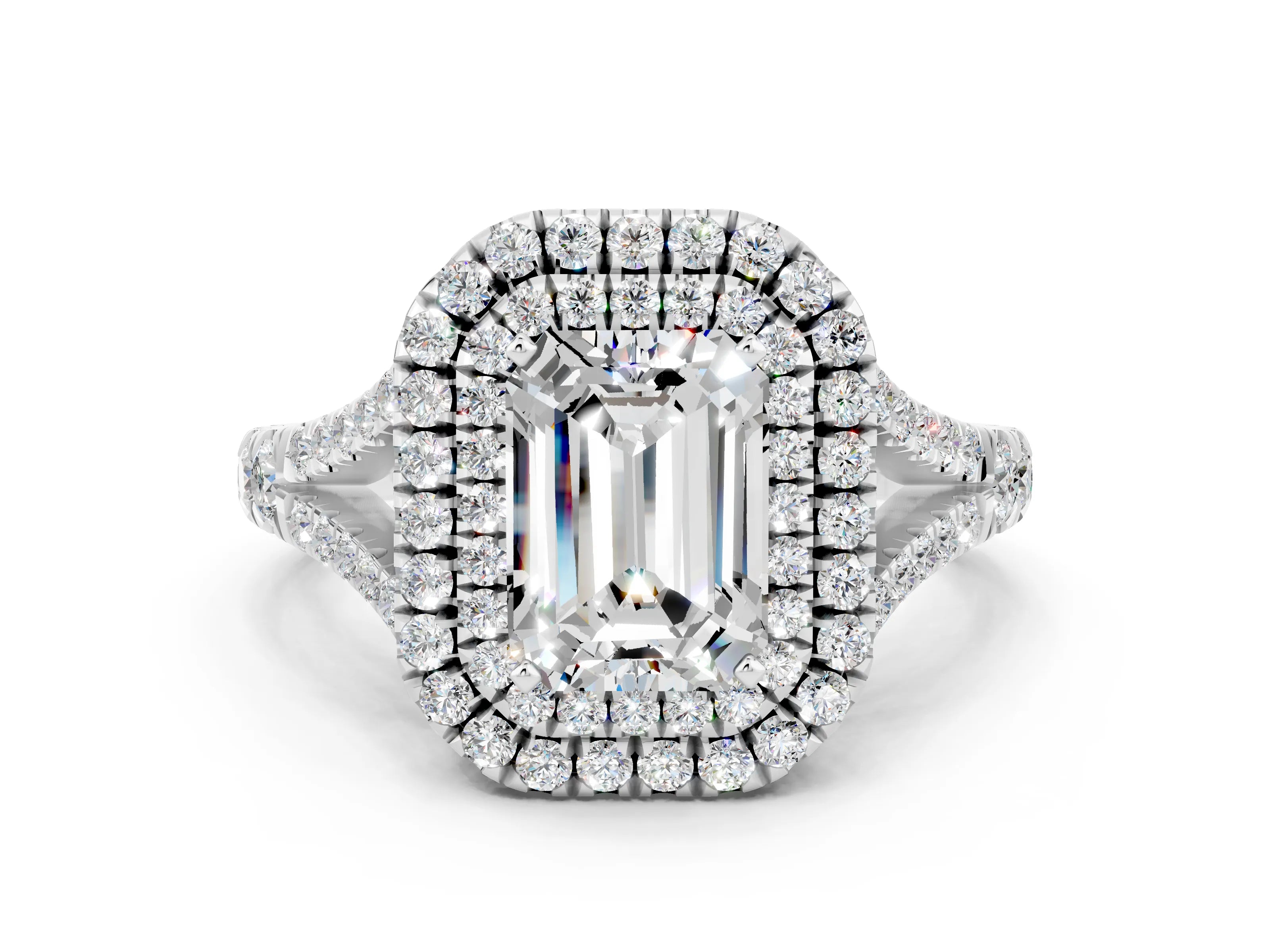 White gold Emerald Cut Moissanite Pavé Split Shank Double Halo Engagement Ring