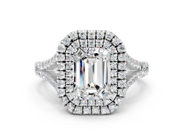 Platinum Emerald Cut Moissanite Pavé Split Shank Double Halo Engagement Ring