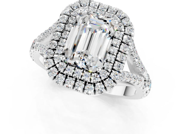 Silver Emerald Cut Moissanite Pavé Split Shank Double Halo Engagement Ring