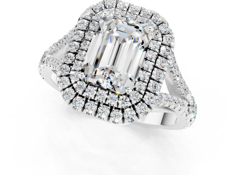 White gold Emerald Cut Moissanite Pavé Split Shank Double Halo Engagement Ring_1