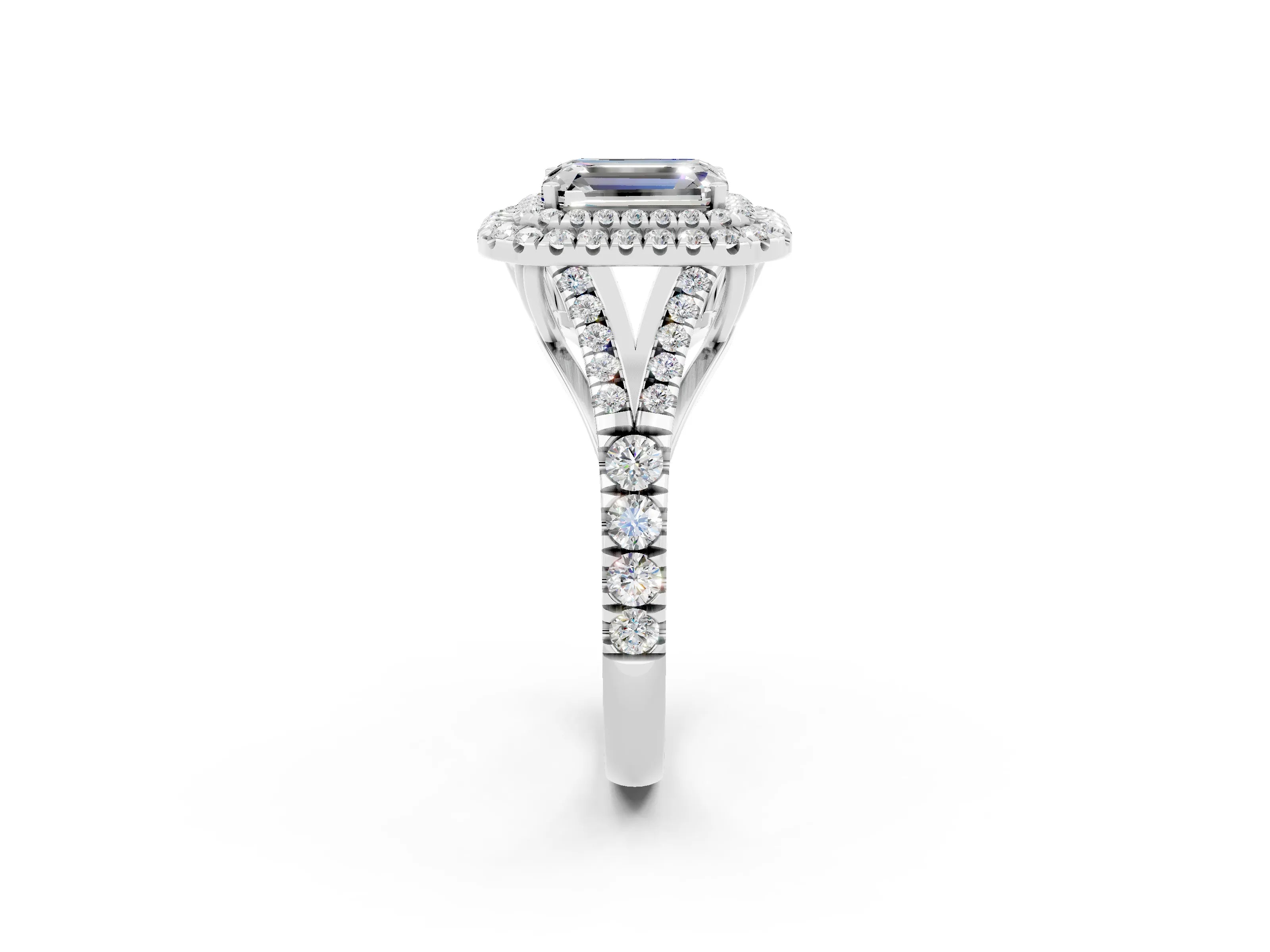 White gold Emerald Cut Moissanite Pavé Split Shank Double Halo Engagement Ring_2