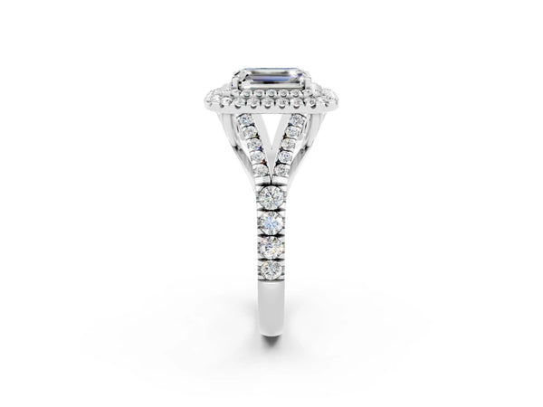 White gold Emerald Cut Moissanite Pavé Split Shank Double Halo Engagement Ring