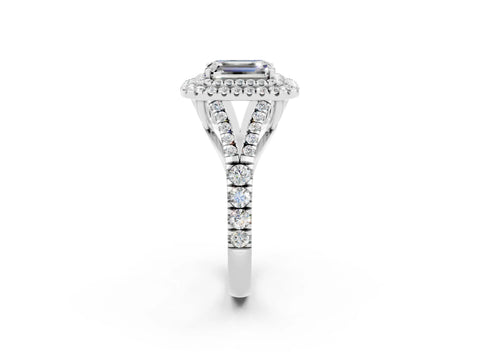 White gold Emerald Cut Moissanite Pavé Split Shank Double Halo Engagement Ring_2