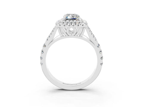 White gold Emerald Cut Moissanite Pavé Split Shank Double Halo Engagement Ring_3