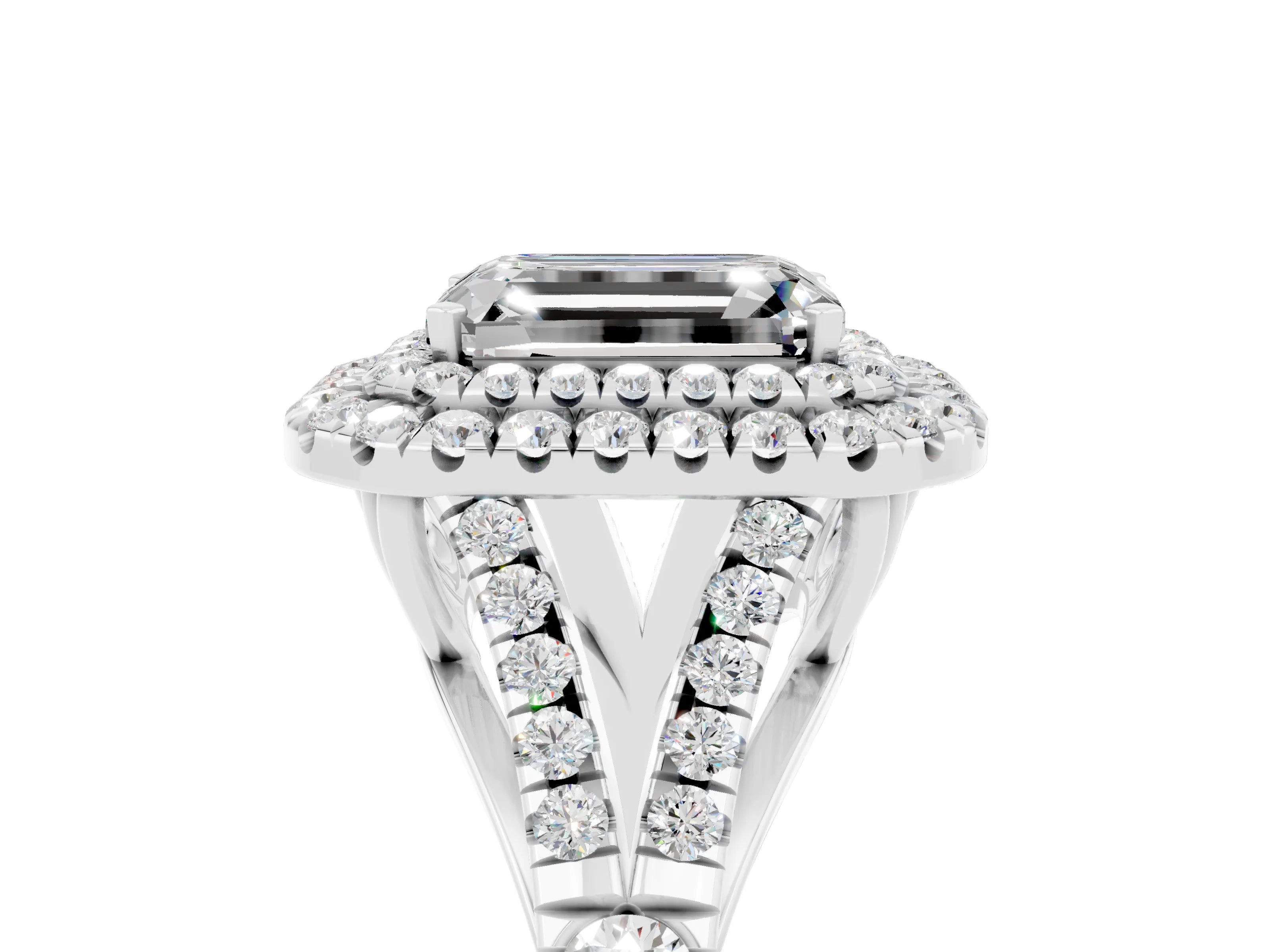 White gold Emerald Cut Moissanite Pavé Split Shank Double Halo Engagement Ring_5
