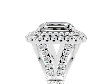 White gold Emerald Cut Moissanite Pavé Split Shank Double Halo Engagement Ring_5