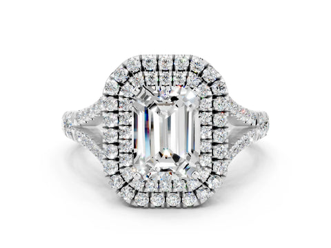 White gold Emerald Cut Moissanite Pavé Split Shank Double Halo Engagement Ring