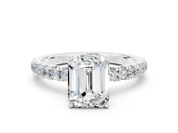 White gold Emerald Cut Moissanite Pave Band Solitaire Ring with Round  and Prong Setting