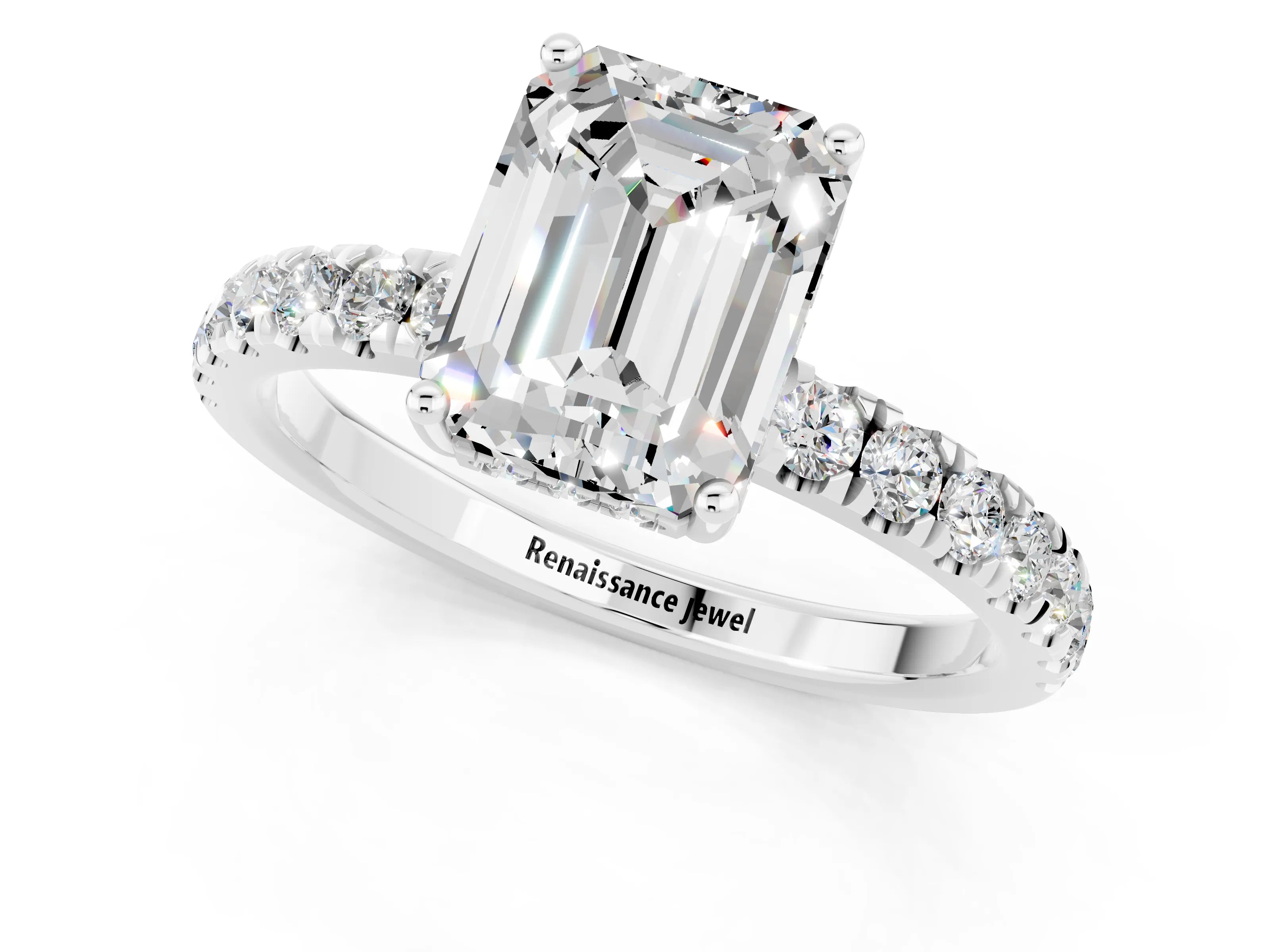White gold Emerald Cut Moissanite Pave Band Solitaire Ring with Four-Prong Setting_25
