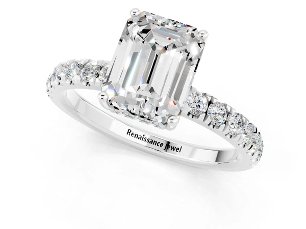 Silver Emerald Cut Moissanite Pave Band Solitaire Ring with Round  and Prong Setting
