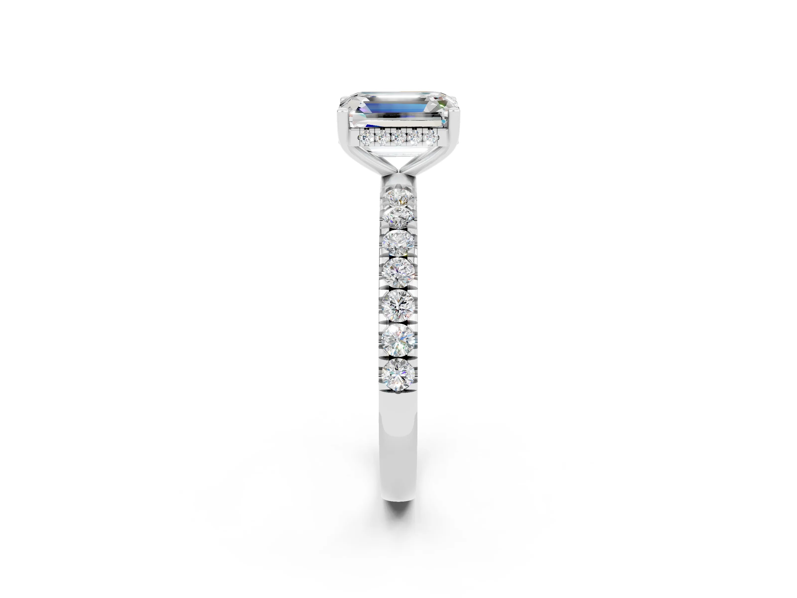 White gold Emerald Cut Moissanite Pave Band Solitaire Ring with Four-Prong Setting_26