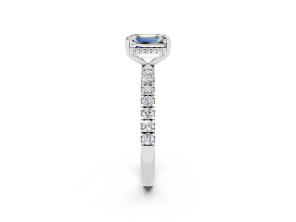 Platinum Emerald Cut Moissanite Pave Band Solitaire Ring with Round  and Prong Setting