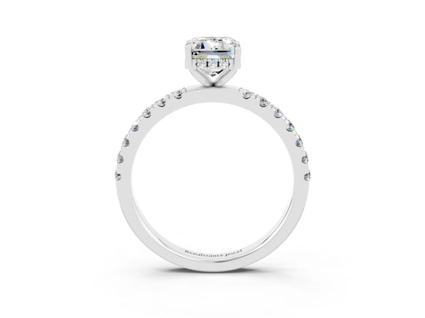 Platinum Emerald Cut Moissanite Pave Band Solitaire Ring with Round  and Prong Setting