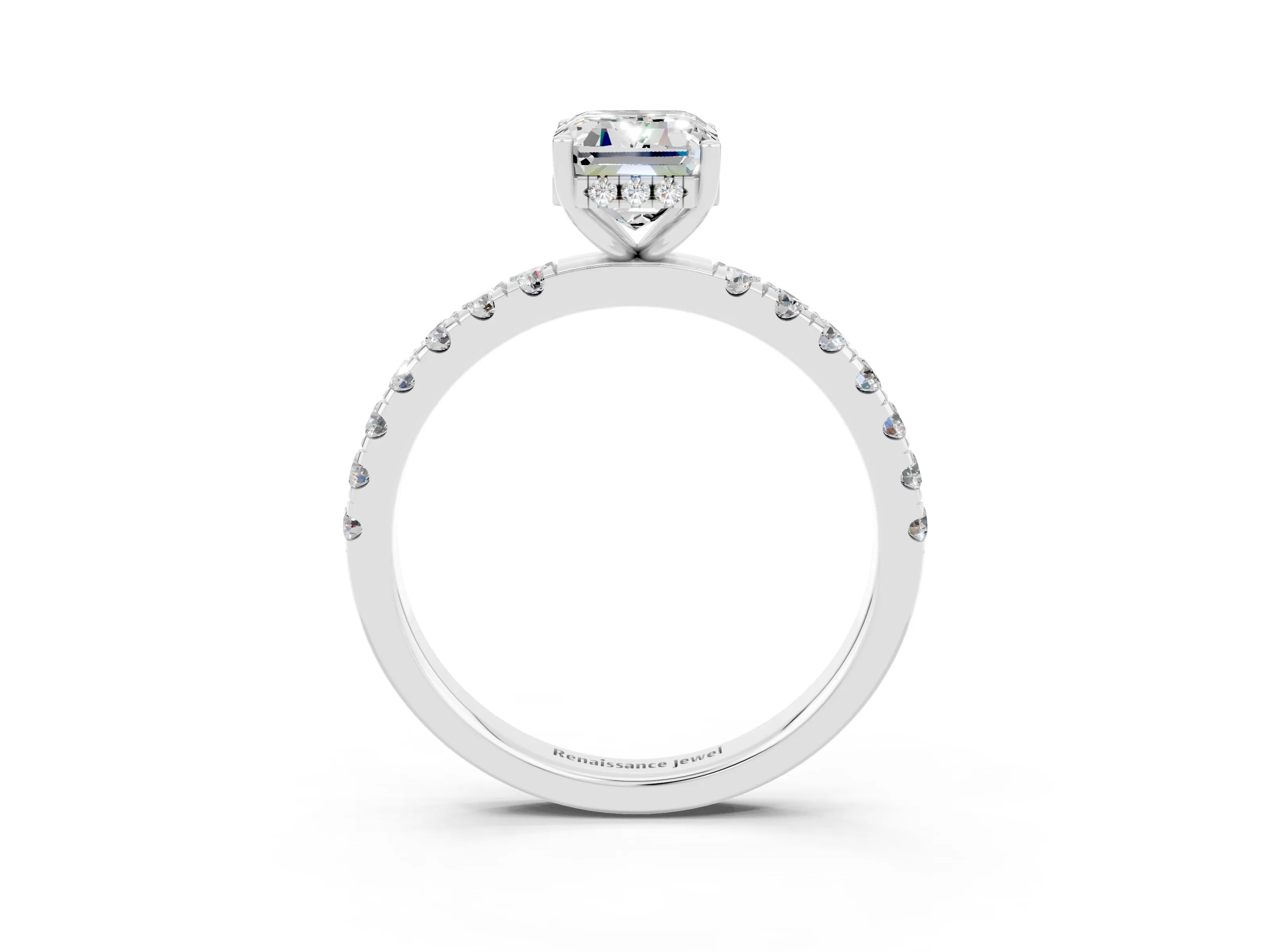 White gold Emerald Cut Moissanite Pave Band Solitaire Ring with Four-Prong Setting_27