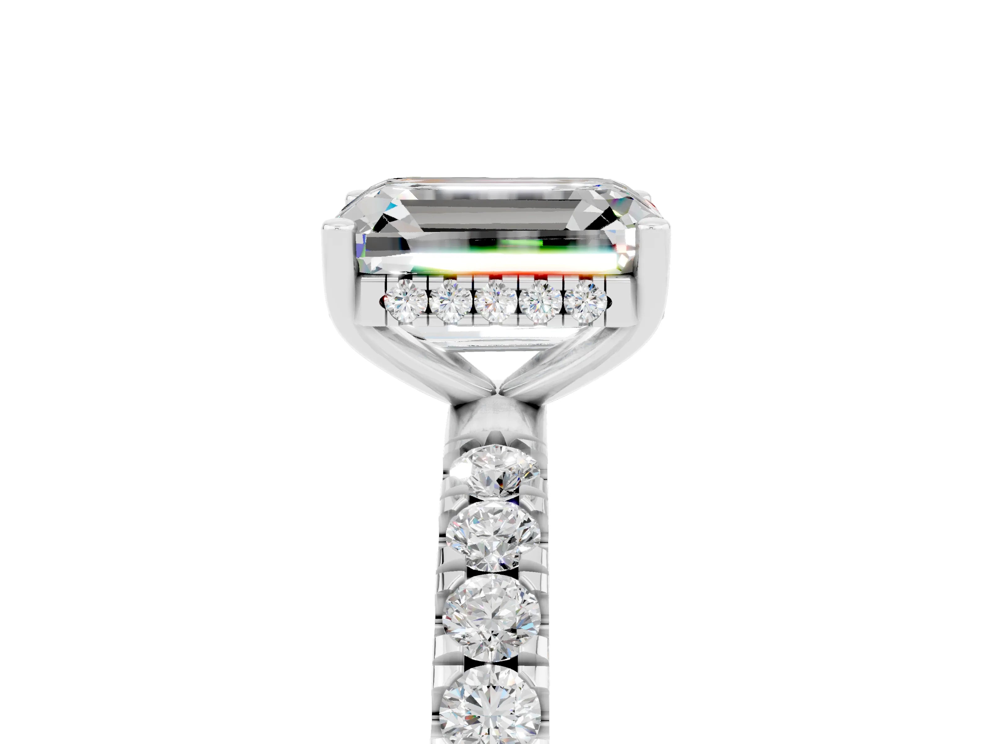 White gold Emerald Cut Moissanite Pave Band Solitaire Ring with Four-Prong Setting_29