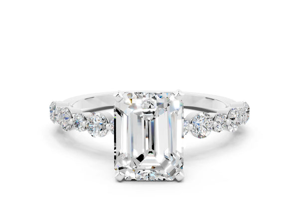 Platinum Emerald Cut Moissanite Prong Set Engagement Ring with Pavé Band