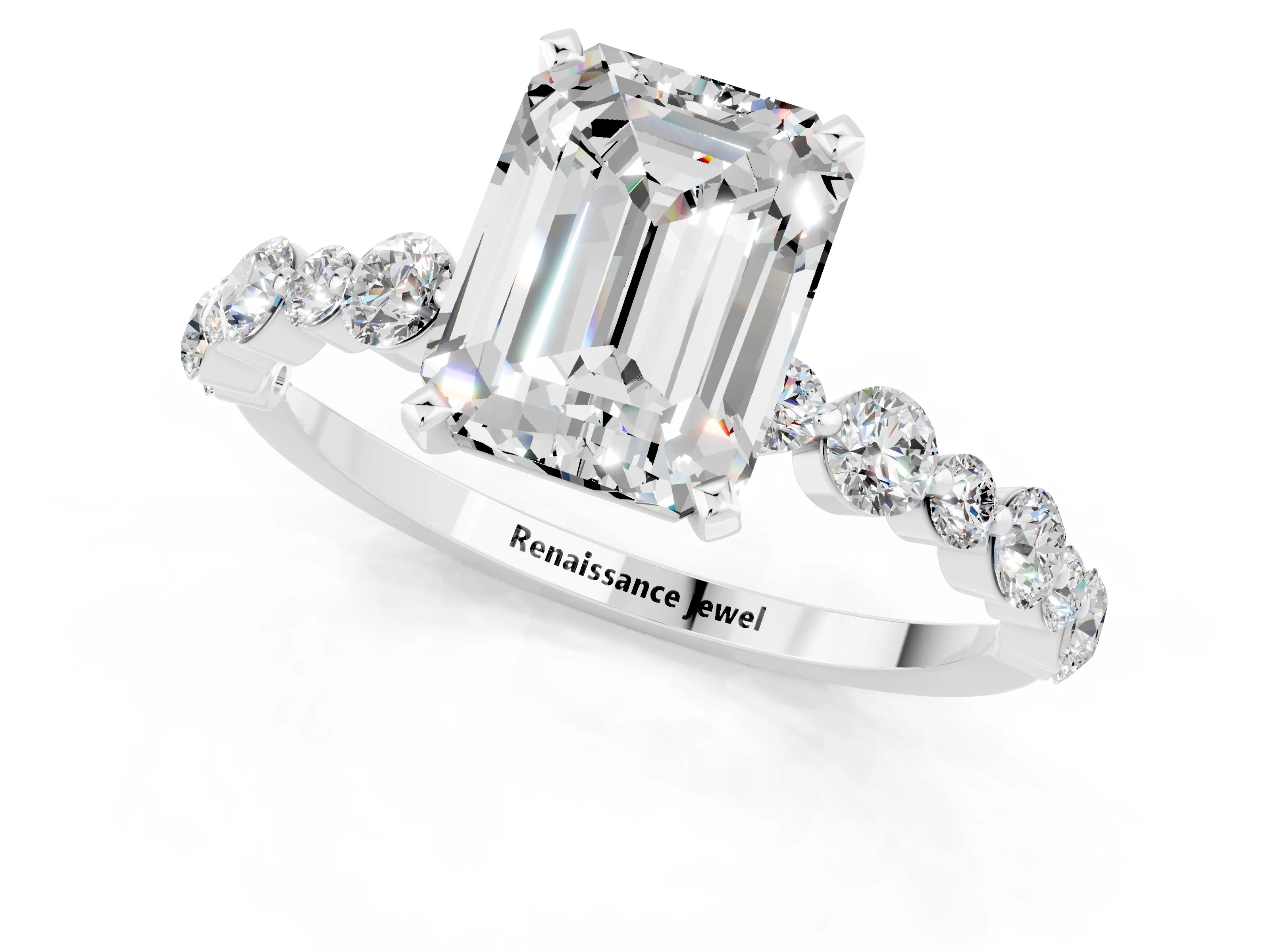 White gold Emerald Cut Moissanite Prong Set Engagement Ring with Pavé Band_1