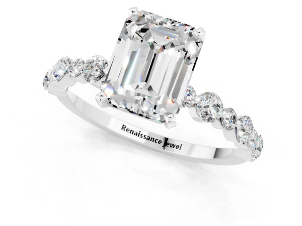 Platinum Emerald Cut Moissanite Prong Set Engagement Ring with Pavé Band