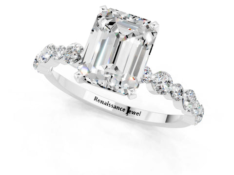 White gold Emerald Cut Moissanite Prong Set Engagement Ring with Pavé Band_1