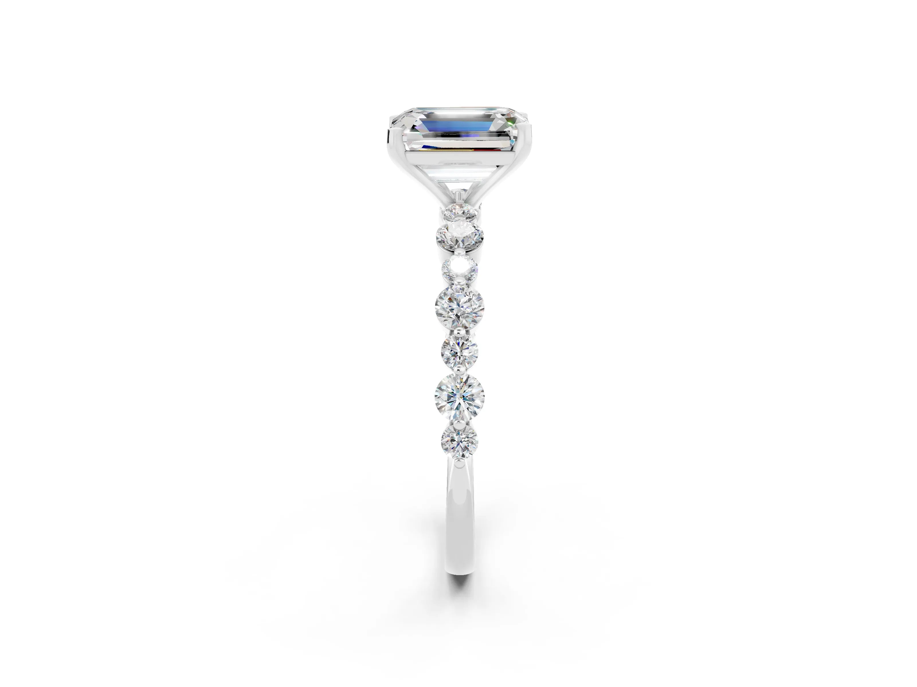 White gold Emerald Cut Moissanite Prong Set Engagement Ring with Pavé Band_2