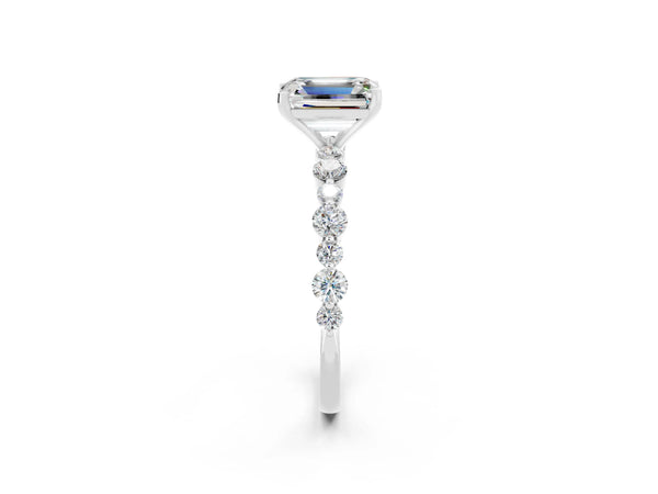 White gold Emerald Cut Moissanite Prong Set Engagement Ring with Pavé Band