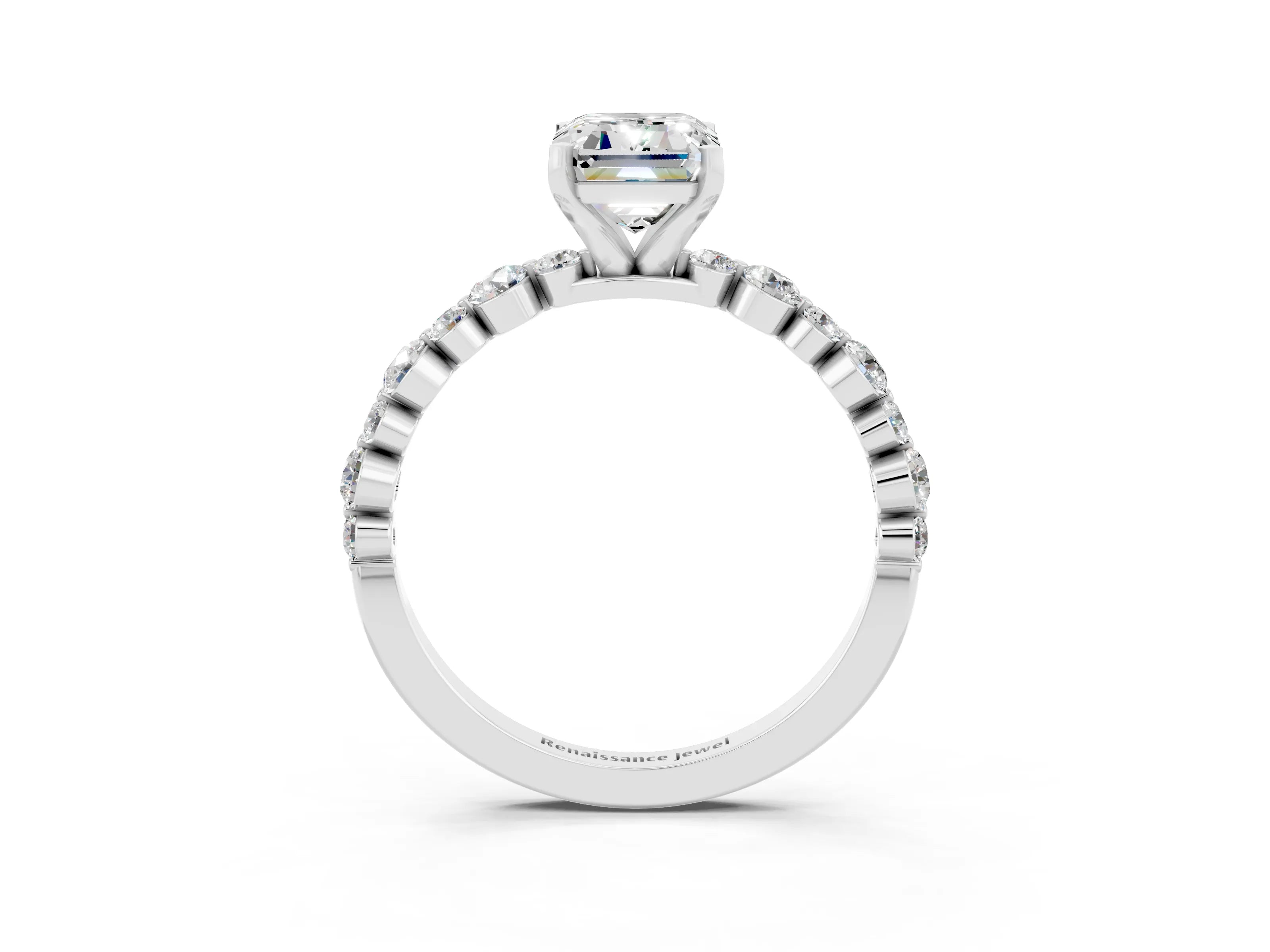 White gold Emerald Cut Moissanite Prong Set Engagement Ring with Pavé Band_3