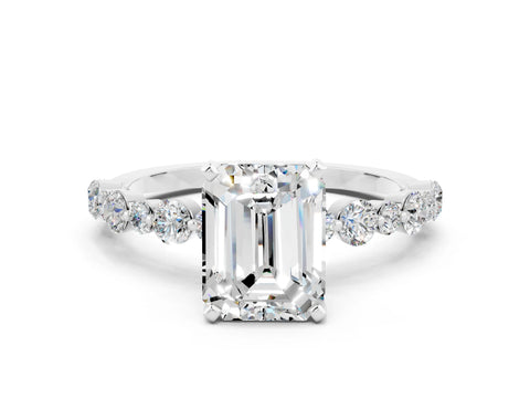 White gold Emerald Cut Moissanite Prong Set Engagement Ring with Pavé Band