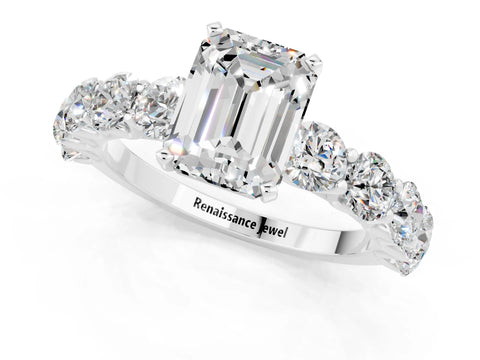 White gold Emerald Cut Moissanite Prong Setting with Side Stones on a Pave Band_1