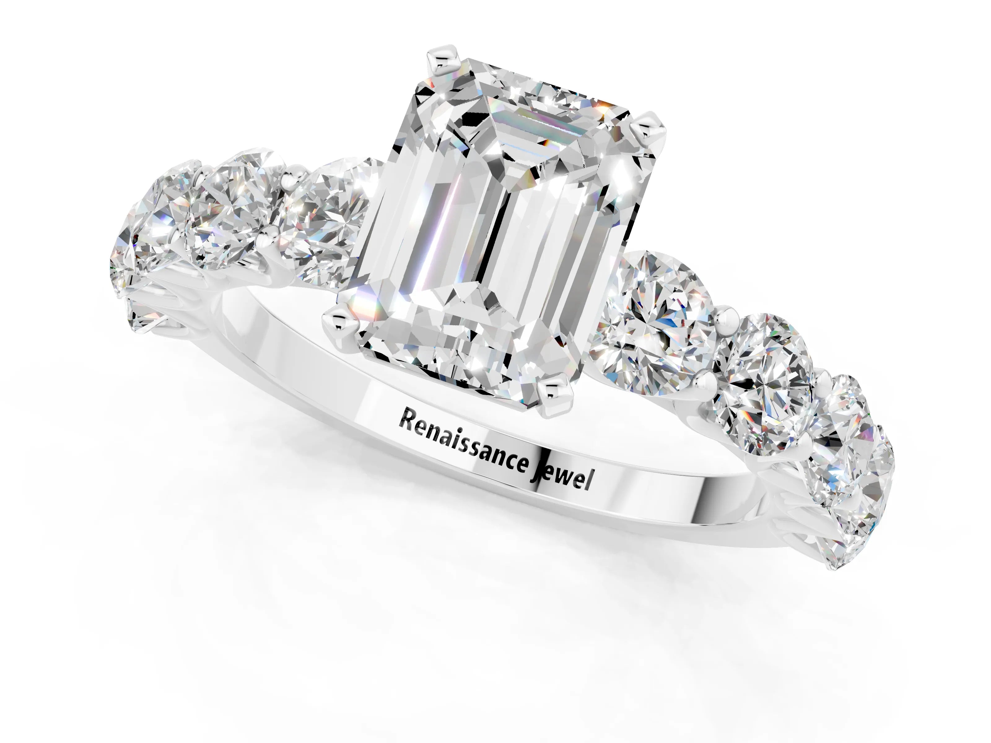 White gold Emerald Cut Moissanite Prong Setting with Side Stones on a Pave Band_1