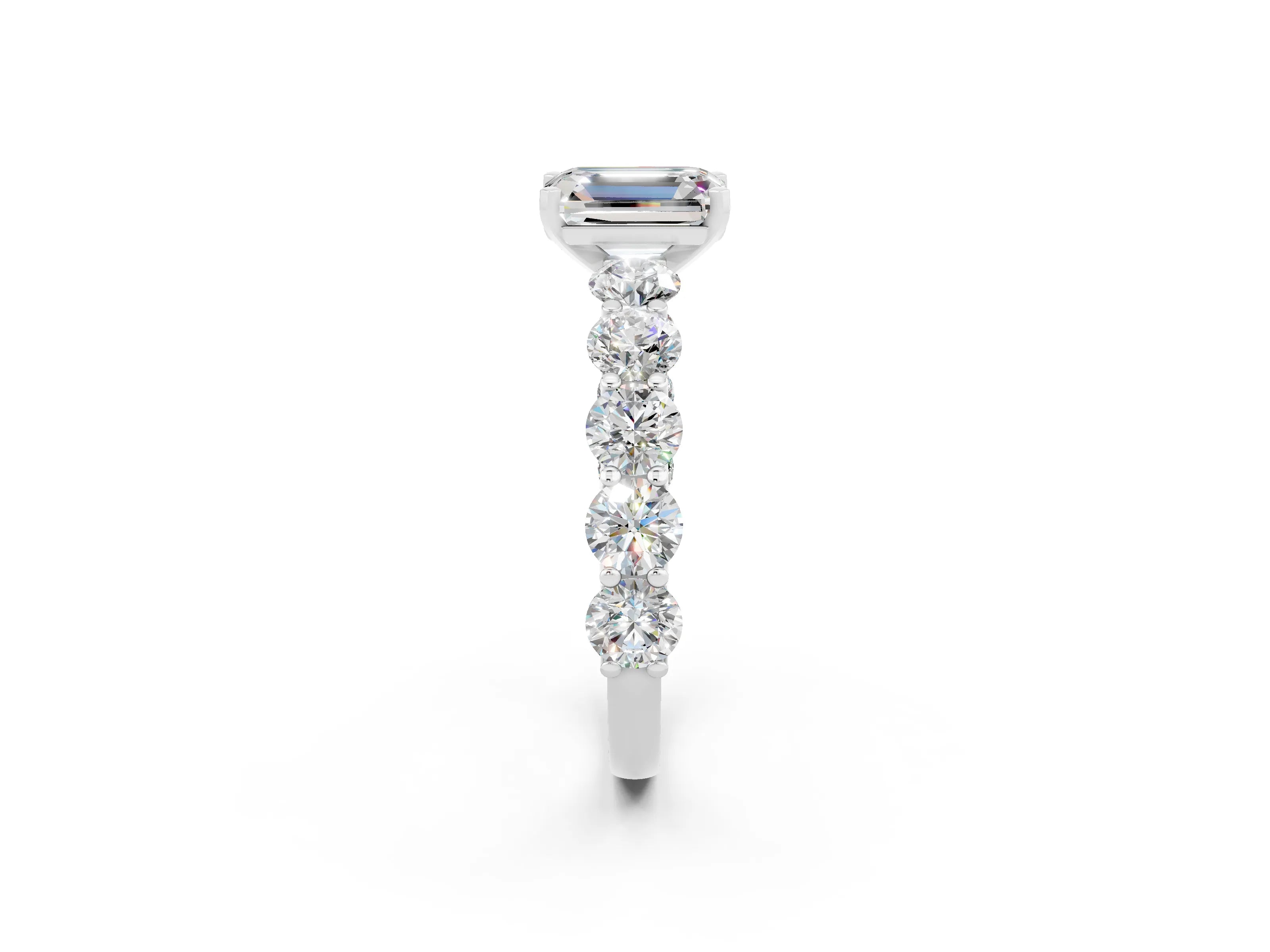 White gold Emerald Cut Moissanite Prong Setting with Side Stones on a Pave Band_2