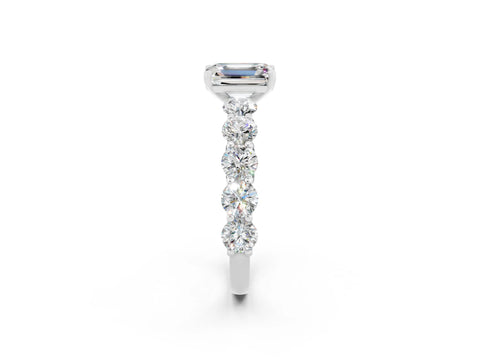 White gold Emerald Cut Moissanite Prong Setting with Side Stones on a Pave Band_2