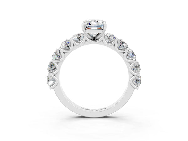Platinum Emerald Cut Moissanite Prong Setting with Side Stones on a Pave Band