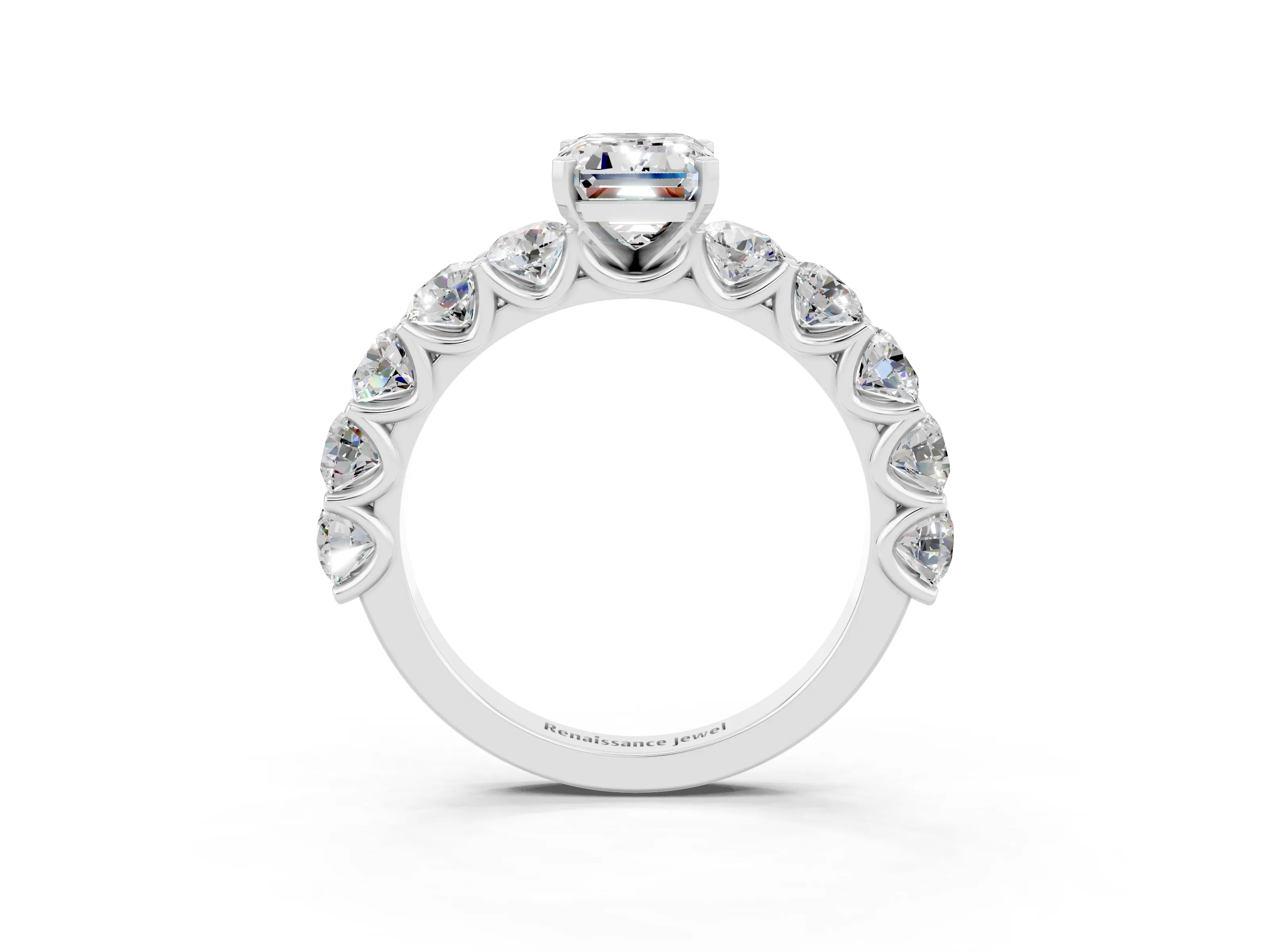 White gold Emerald Cut Moissanite Prong Setting with Side Stones on a Pave Band_3