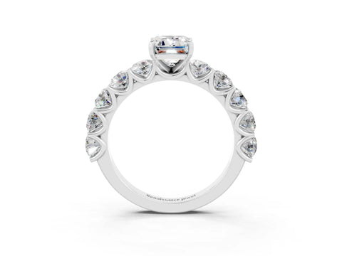 White gold Emerald Cut Moissanite Prong Setting with Side Stones on a Pave Band_3