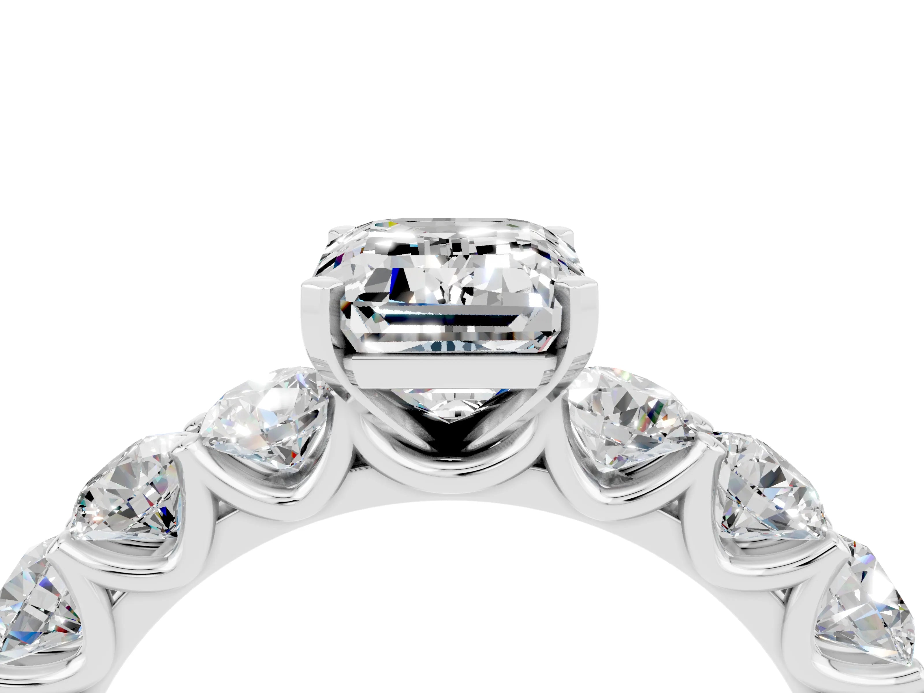 White gold Emerald Cut Moissanite Prong Setting with Side Stones on a Pave Band_4