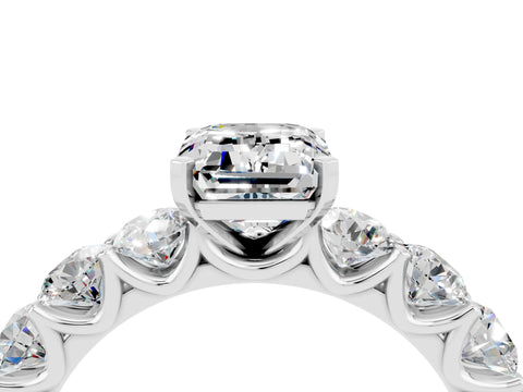 White gold Emerald Cut Moissanite Prong Setting with Side Stones on a Pave Band_4