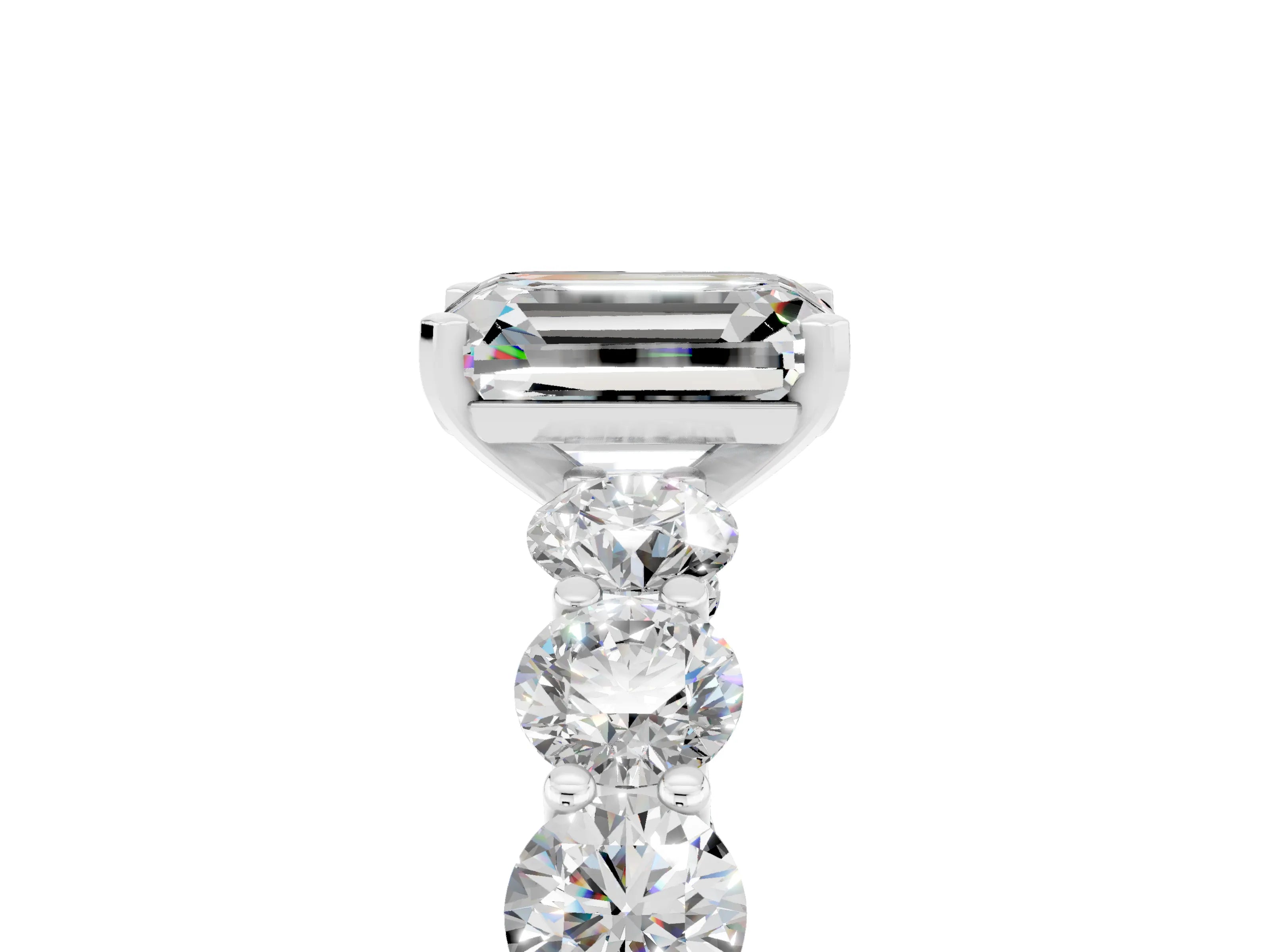 White gold Emerald Cut Moissanite Prong Setting with Side Stones on a Pave Band_5