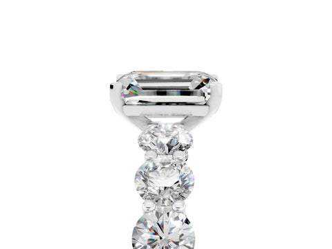 White gold Emerald Cut Moissanite Prong Setting with Side Stones on a Pave Band_5