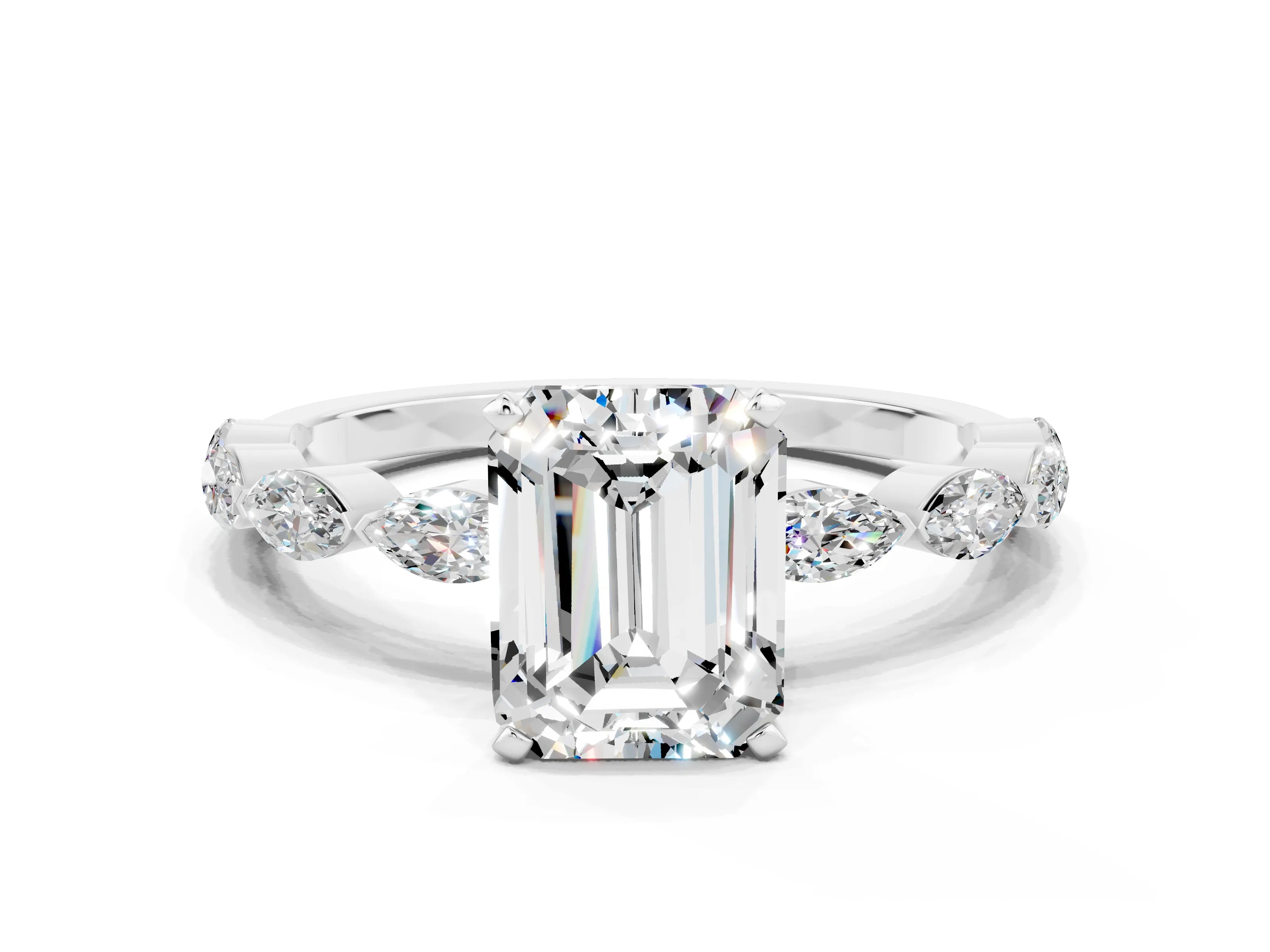 White gold Emerald Cut Moissanite Ring with Marquise Side Stones and Prong Setting