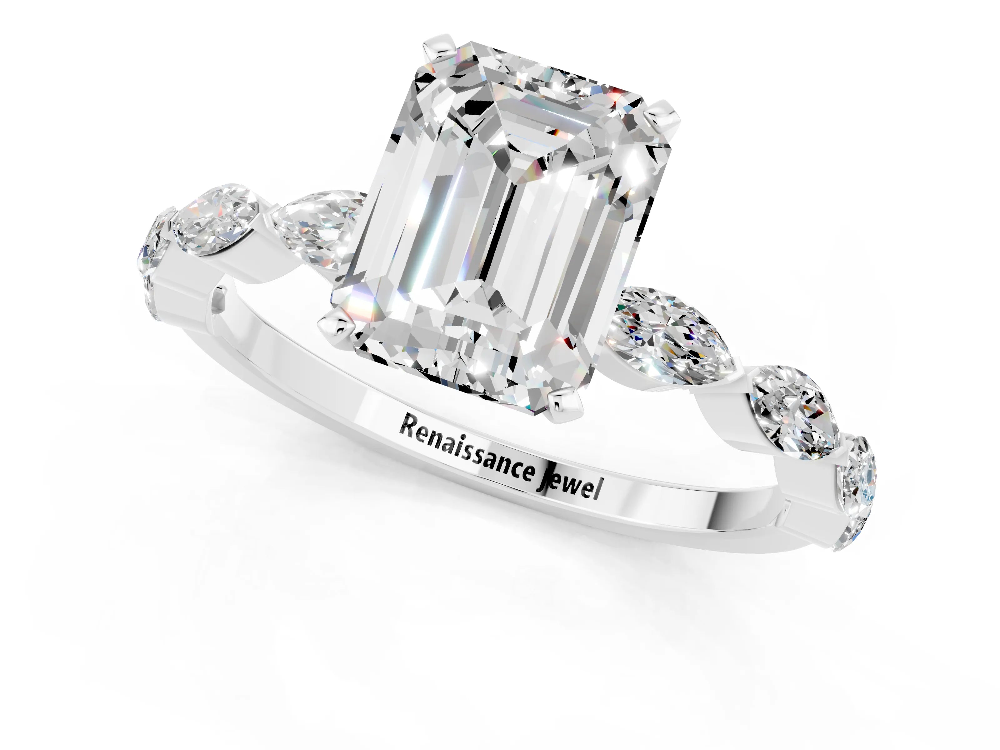 White gold Emerald Cut Moissanite Ring with Marquise Side Stones and Prong Setting_1