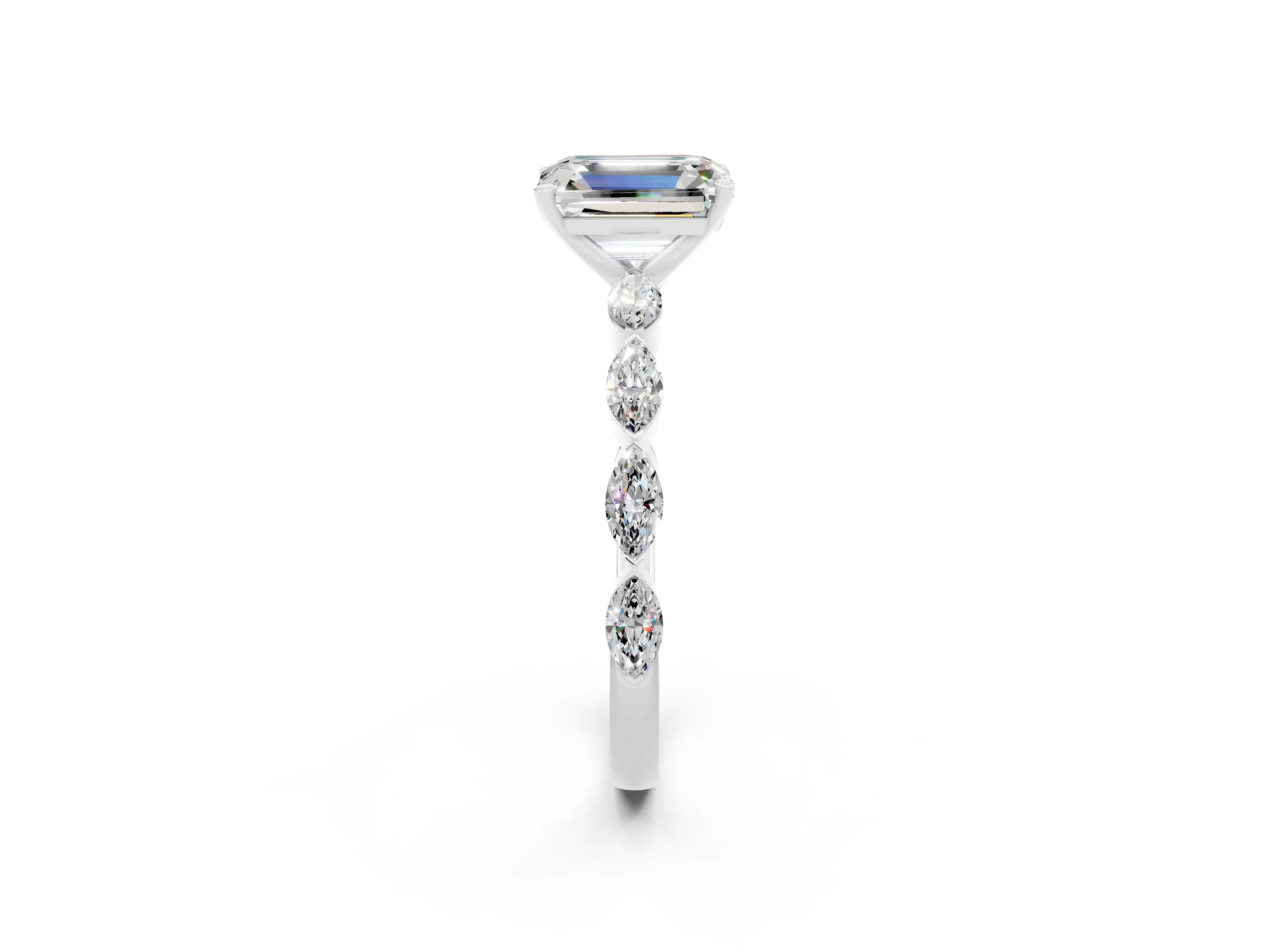 White gold Emerald Cut Moissanite Ring with Marquise Side Stones and Prong Setting_2
