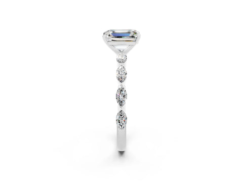 White gold Emerald Cut Moissanite Ring with Marquise Side Stones and Prong Setting_2