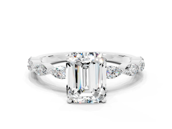 Silver Emerald Cut Moissanite Ring with Marquise Side Stones and Prong Setting