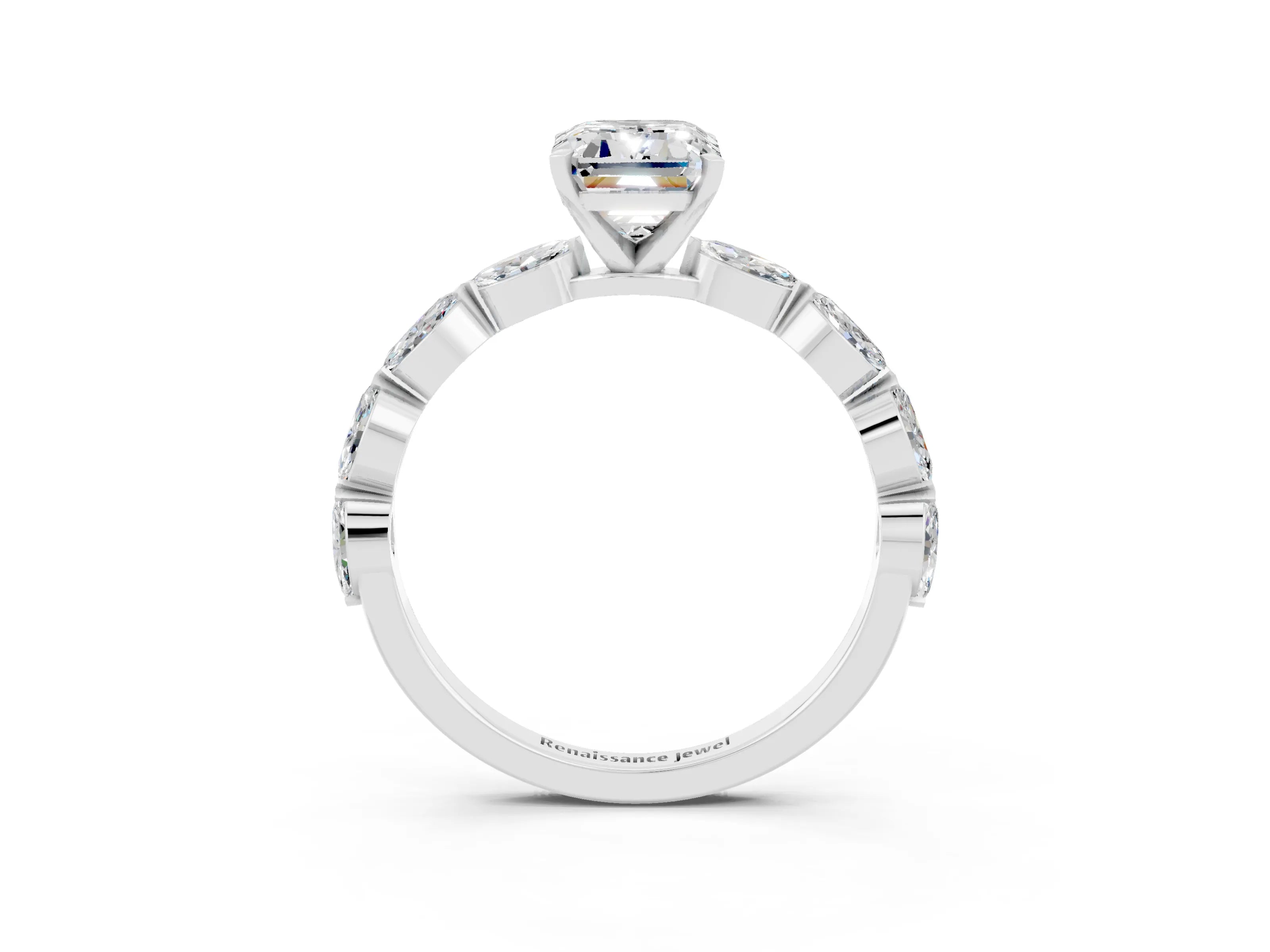 White gold Emerald Cut Moissanite Ring with Marquise Side Stones and Prong Setting_3