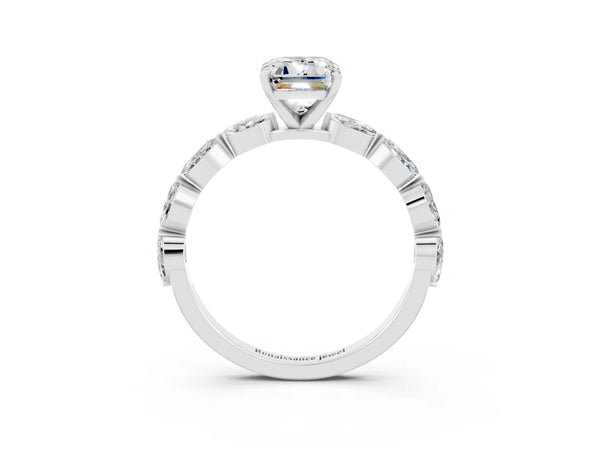 White gold Emerald Cut Moissanite Ring with Marquise Side Stones and Prong Setting