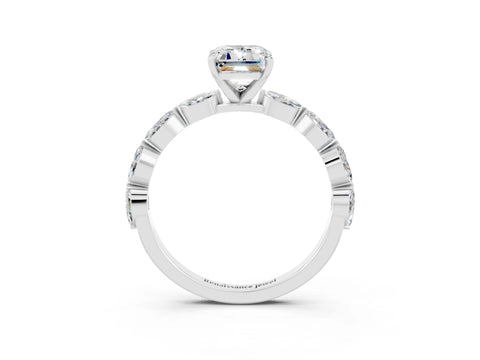 White gold Emerald Cut Moissanite Ring with Marquise Side Stones and Prong Setting_3