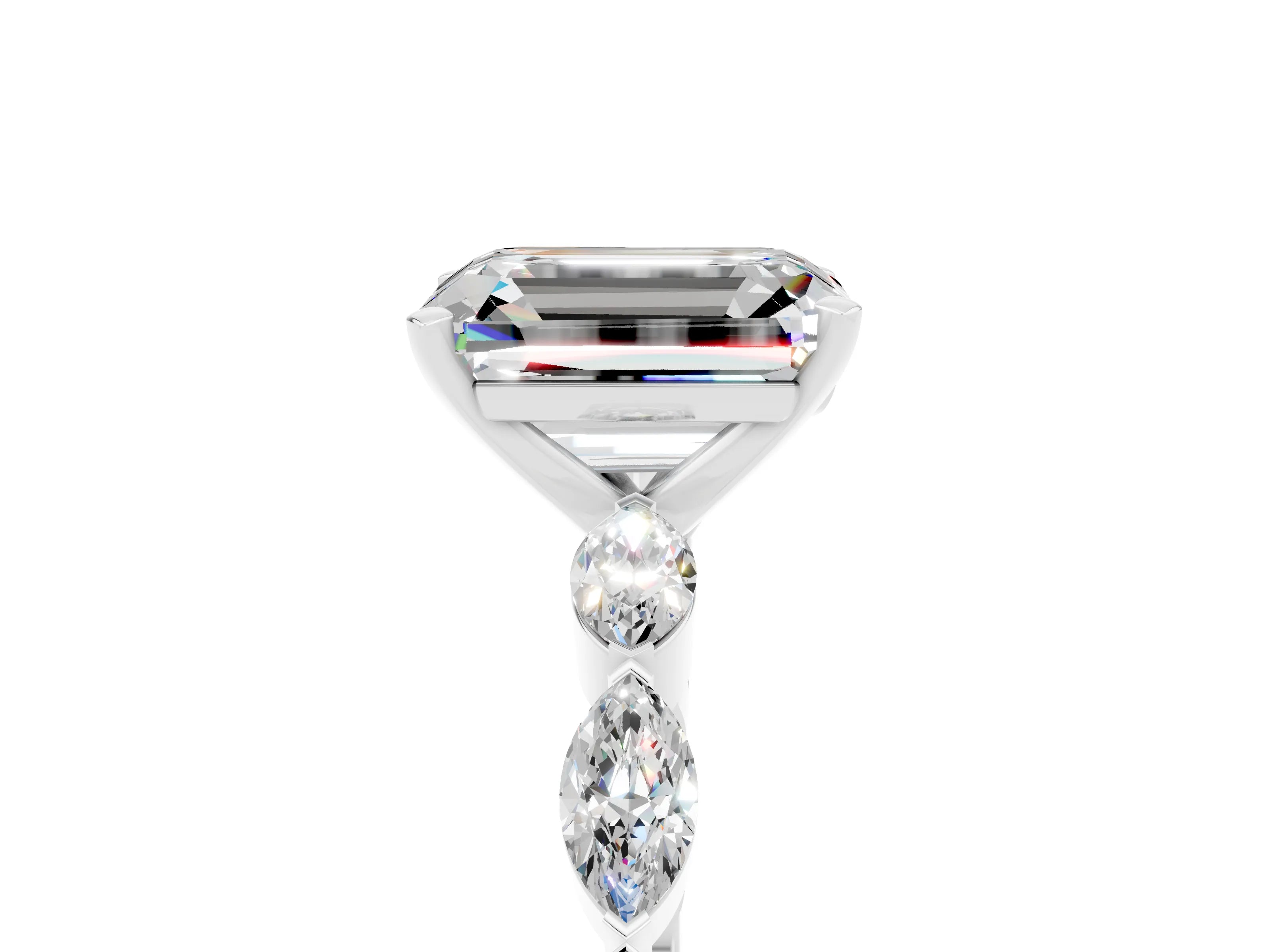 White gold Emerald Cut Moissanite Ring with Marquise Side Stones and Prong Setting_5