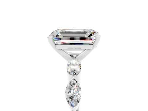 White gold Emerald Cut Moissanite Ring with Marquise Side Stones and Prong Setting_5
