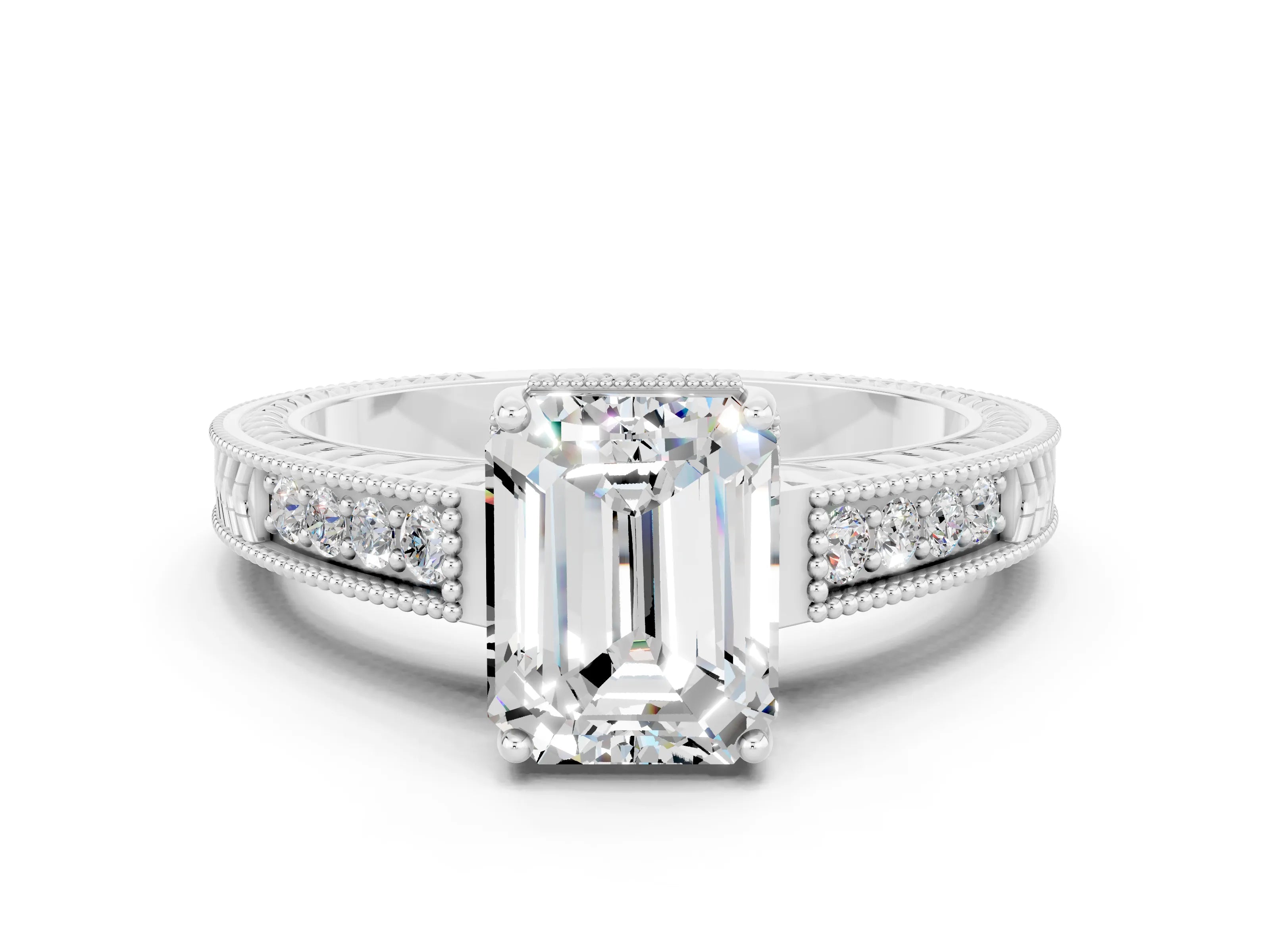 White gold Emerald Cut Moissanite Ring with Milgrain Pavé Band and Four-Prong Setting_12